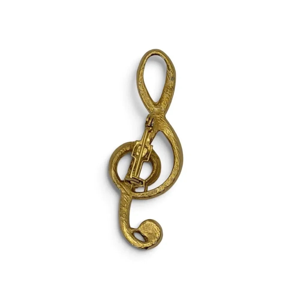 Vtg 1960's Trebel Clef Brooch Pin Gold Tone Unsigned Large Music Lover Musician